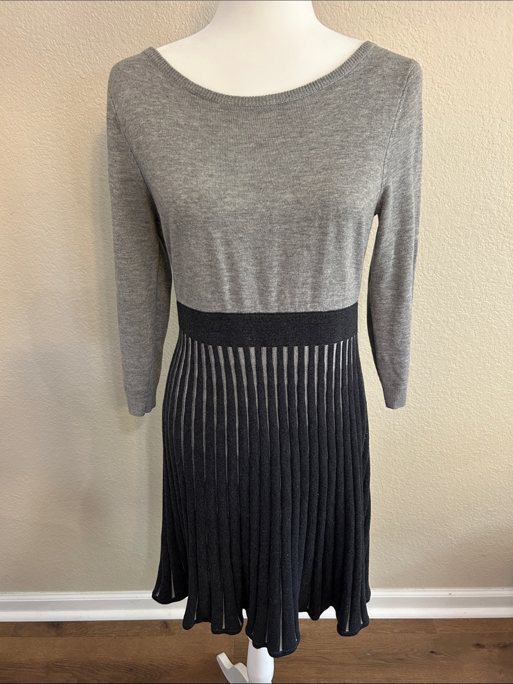 Two-Tone Gray Knit Long-Sleeve Fit & Flare Dress